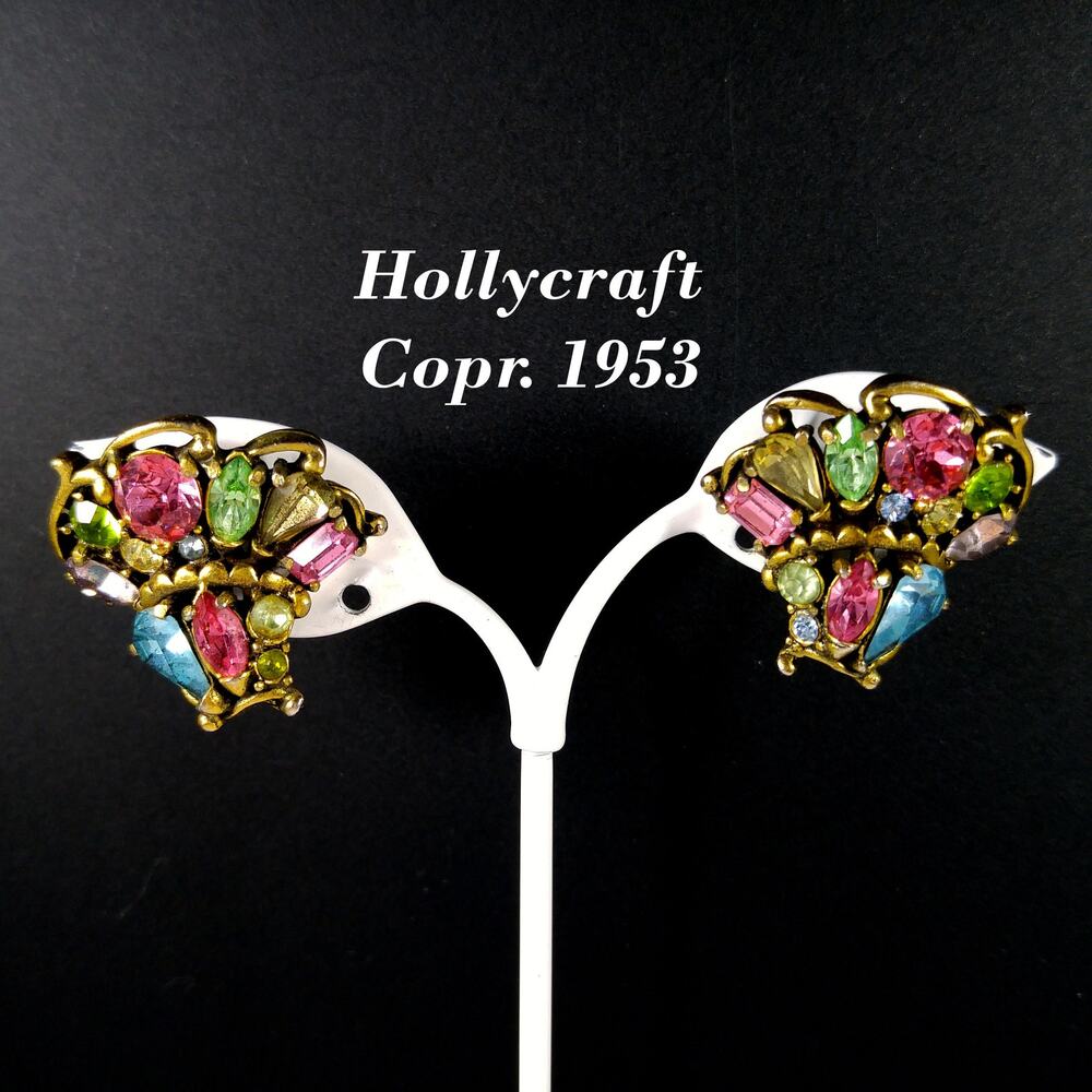 Hollycraft 1953 Pastel Rhinestone Earrings, Mid-Century Screw Backs, 1950s